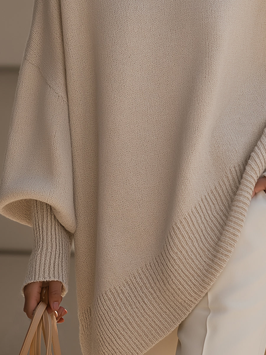 Jane Oversized Sweater with Asymmetric Hem and Dropped Shoulder - Beige