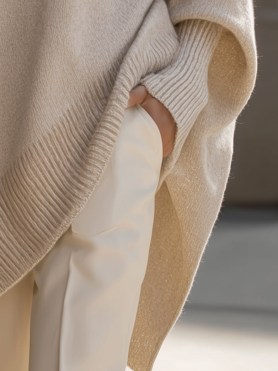Jane Oversized Sweater with Asymmetric Hem and Dropped Shoulder - Beige