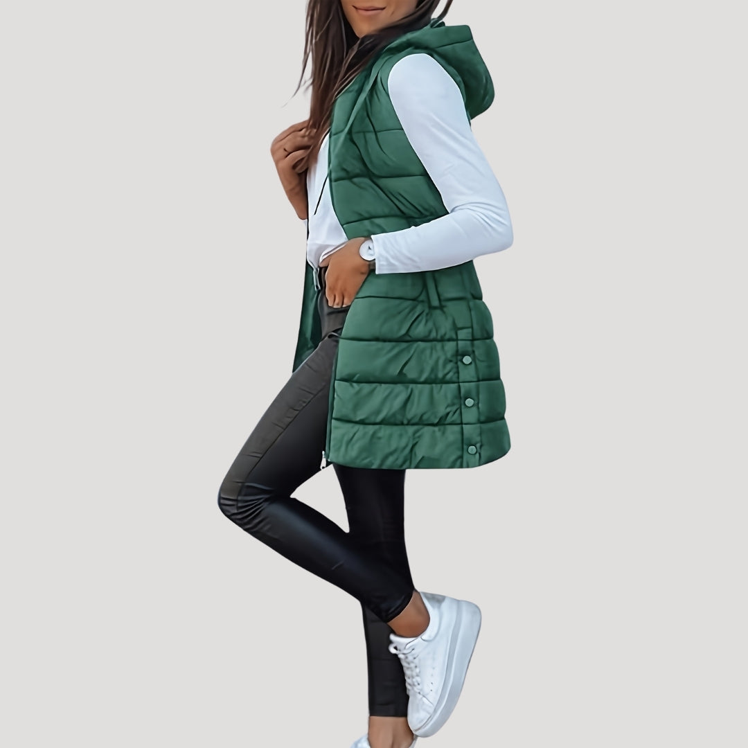 Jutta Long Puffer Vest with Hood and Snap Front - Green