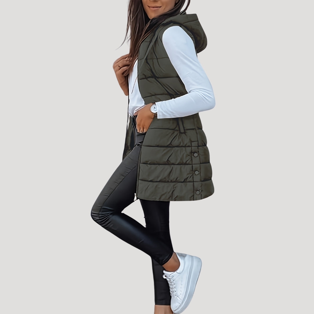 Jutta Long Puffer Vest with Hood and Snap Front - Dark Green