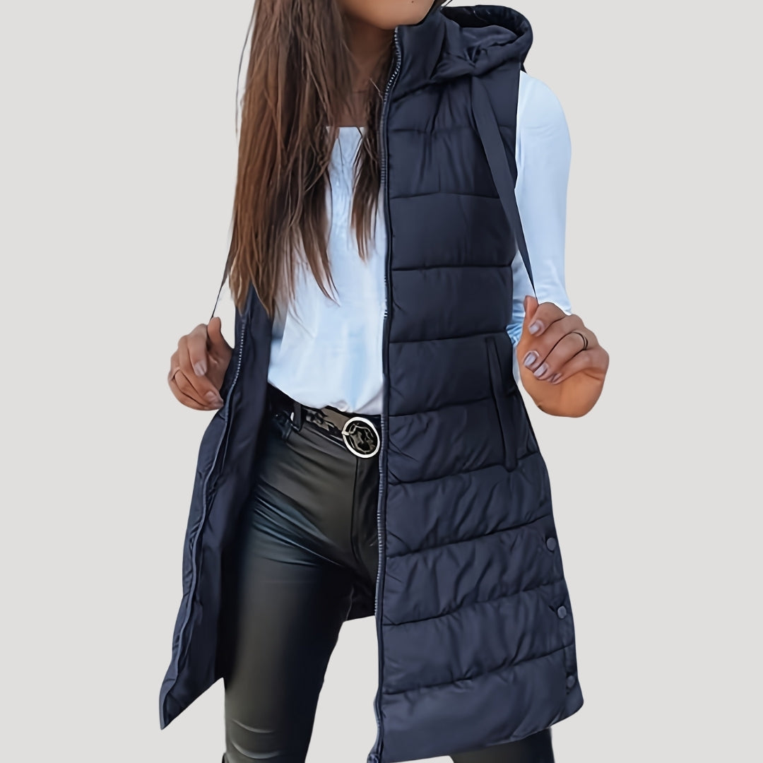 Jutta Long Puffer Vest with Hood and Snap Front - Navy