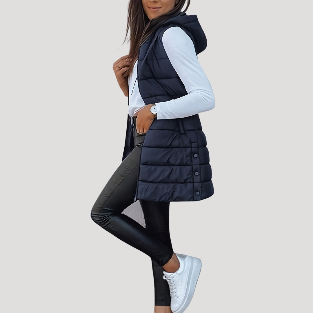 Jutta Long Puffer Vest with Hood and Snap Front - Navy