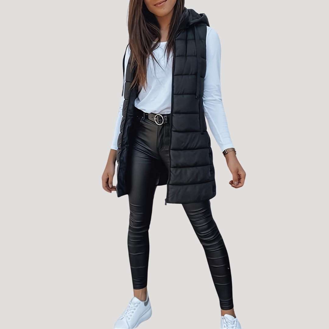 Jutta Long Puffer Vest with Hood and Snap Front - Black