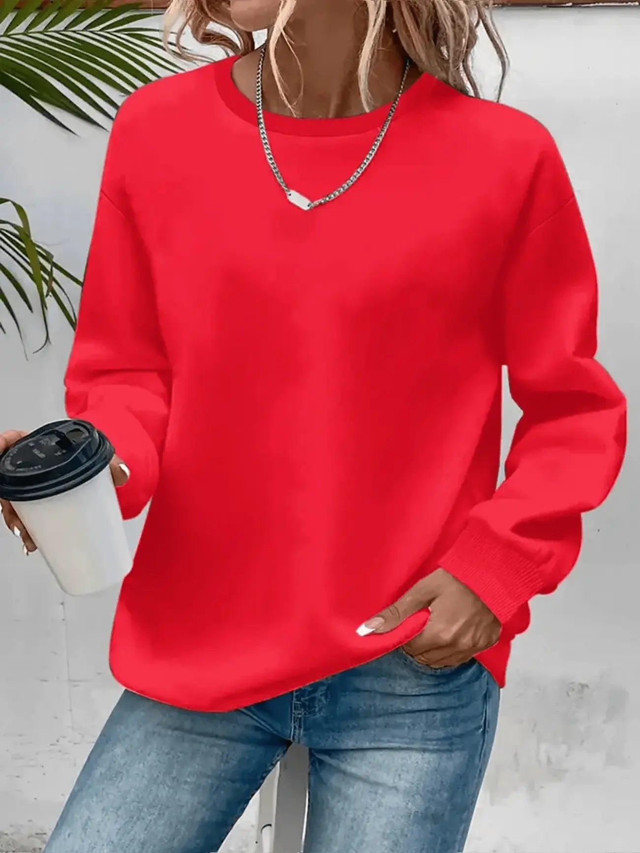 Karis Crew Neck Sweatshirt with Ribbed Trim and Straight Body - Red
