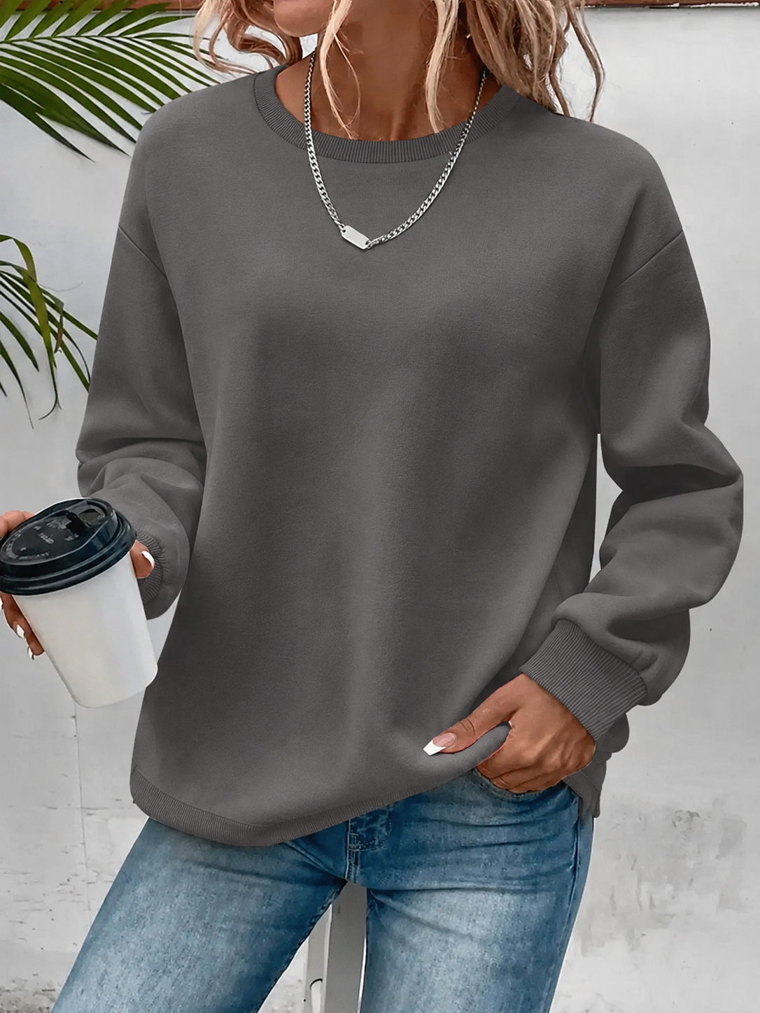 Karis Crew Neck Sweatshirt with Ribbed Trim and Straight Body - Dark Gray