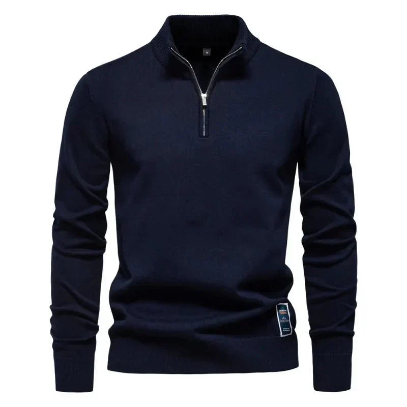 Keifer Men's Quarter Zip Sweater with Ribbed Collar and Hem - Blue