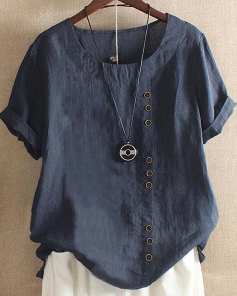 Kellie Asymmetric Button Blouse with Loose Body - Dark Blue