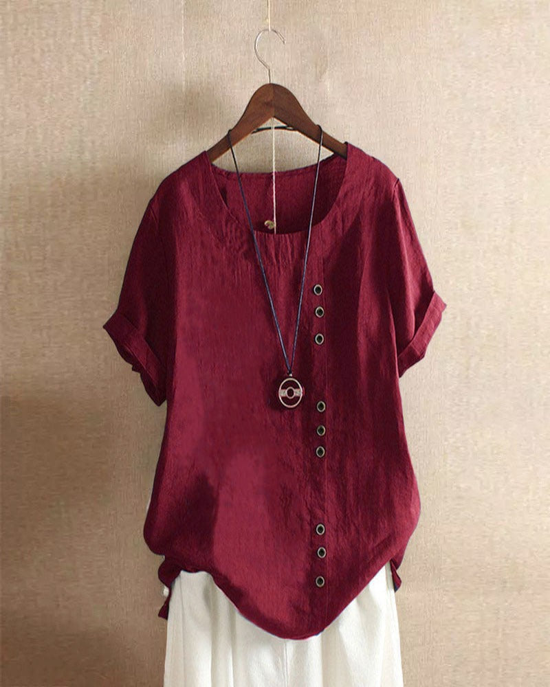 Kellie Asymmetric Button Blouse with Loose Body - Burgundy