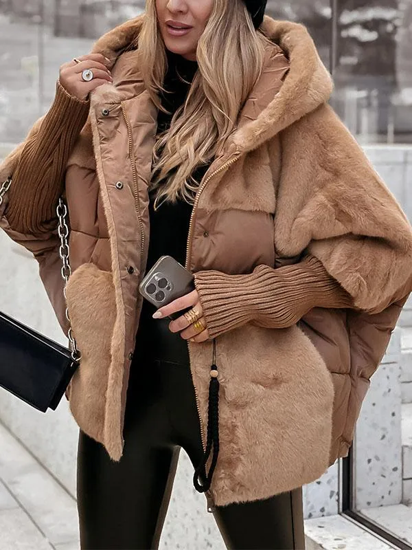 Kenza Winter Bomber Jacket with Ribbed Trim and Full Zip - Brown