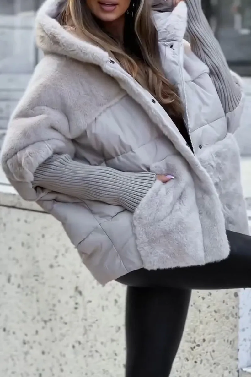 Kenza Winter Bomber Jacket with Ribbed Trim and Full Zip - Gray
