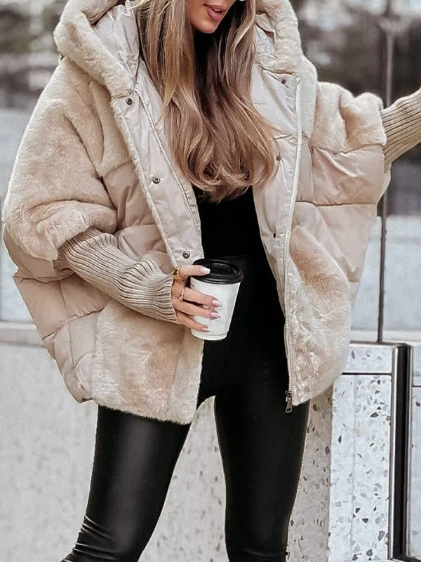 Kenza Winter Bomber Jacket with Ribbed Trim and Full Zip - Beige