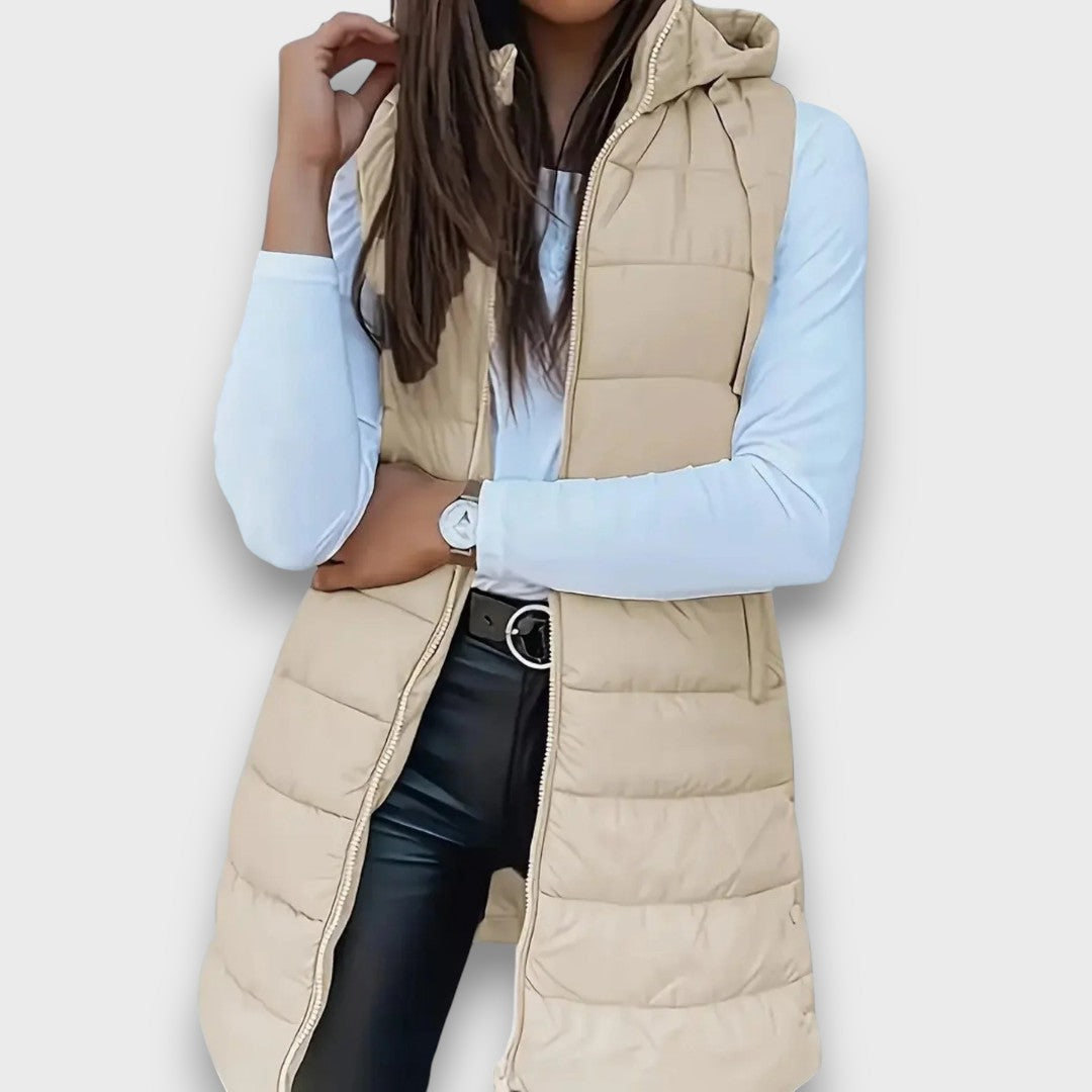 Kesa Hooded Puffer Vest with Zip Front and Side Pockets - Beige