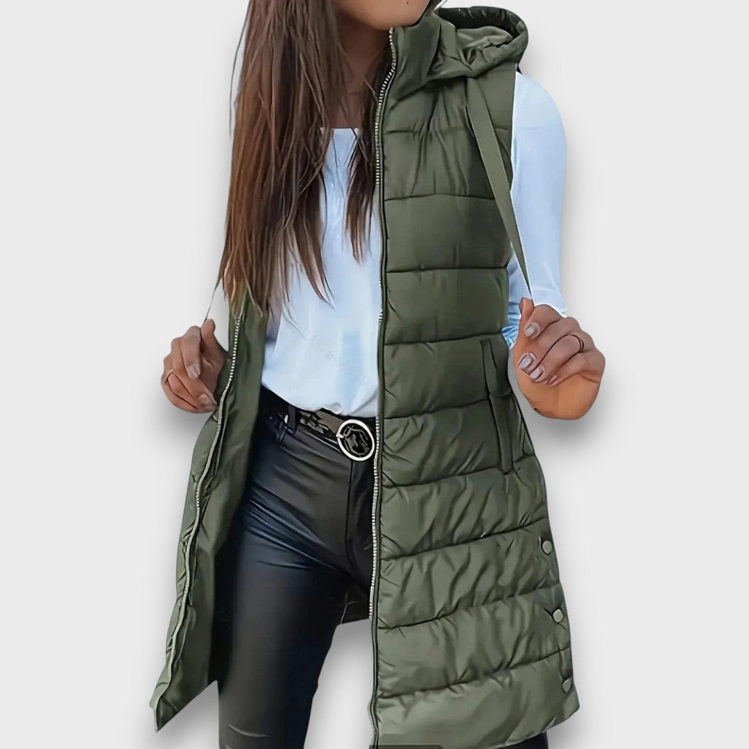 Kesa Hooded Puffer Vest with Zip Front and Side Pockets - Army Green