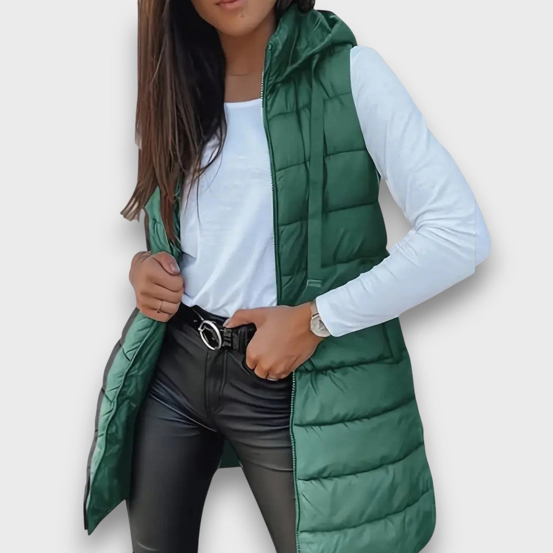Kesa Hooded Puffer Vest with Zip Front and Side Pockets - Green