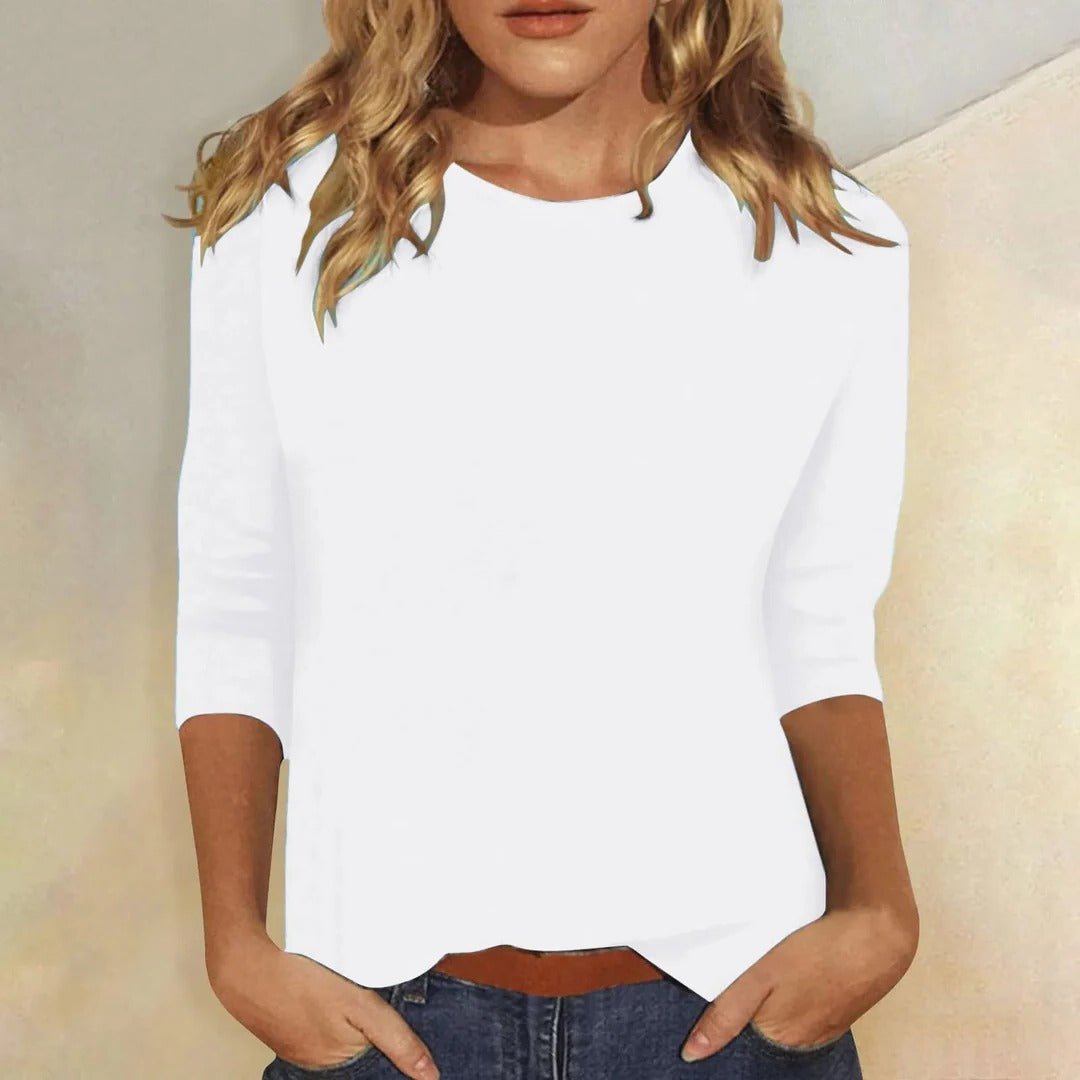 Klarisse Round Neck Top with Long Sleeves and Narrow Binding - White