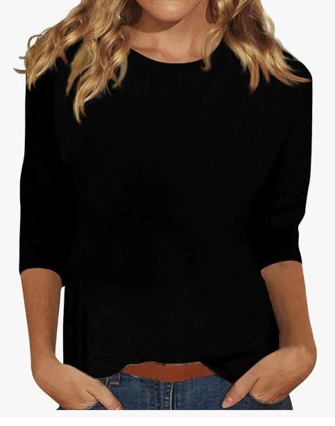 Klarisse Round Neck Top with Long Sleeves and Narrow Binding - Black