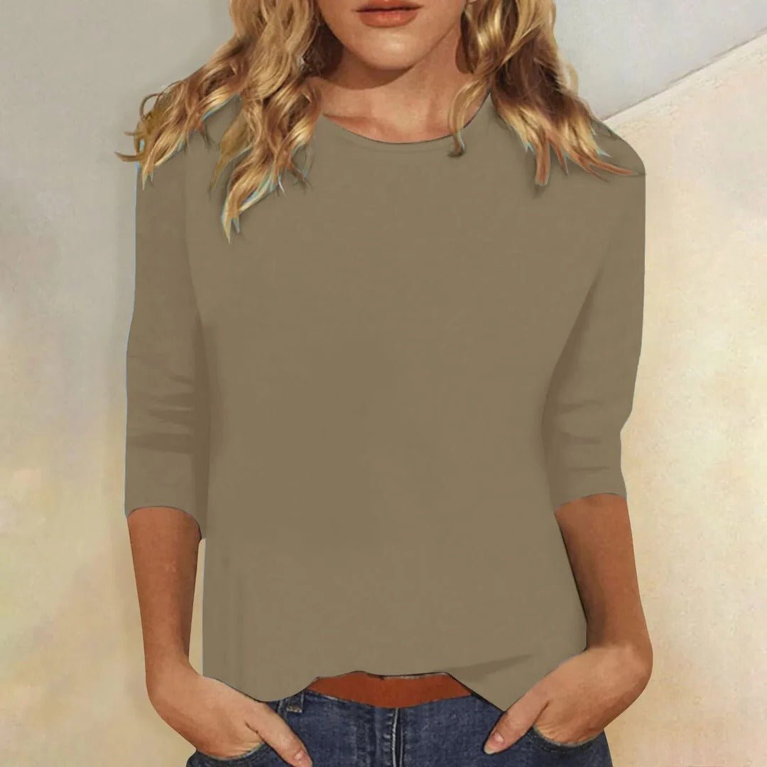 Klarisse Round Neck Top with Long Sleeves and Narrow Binding - Khaki