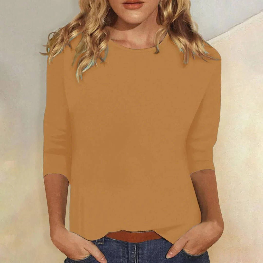 Klarisse Round Neck Top with Long Sleeves and Narrow Binding - Brown