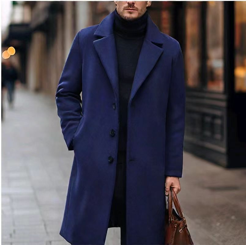 Kuno Men's Overcoat with Notch Lapels and Straight Cut - Navy