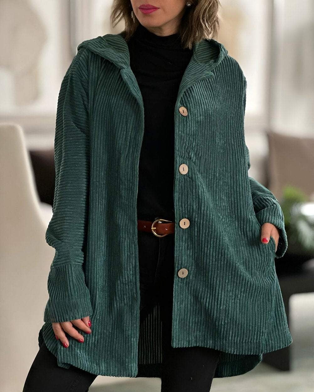 Kyla Long Hooded Coat with Button Front and Pockets - Green