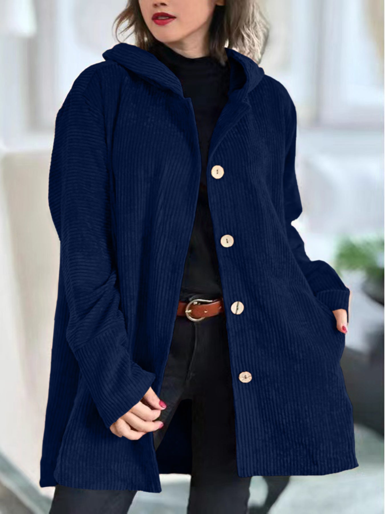 Kyla Long Hooded Coat with Button Front and Pockets - Navy