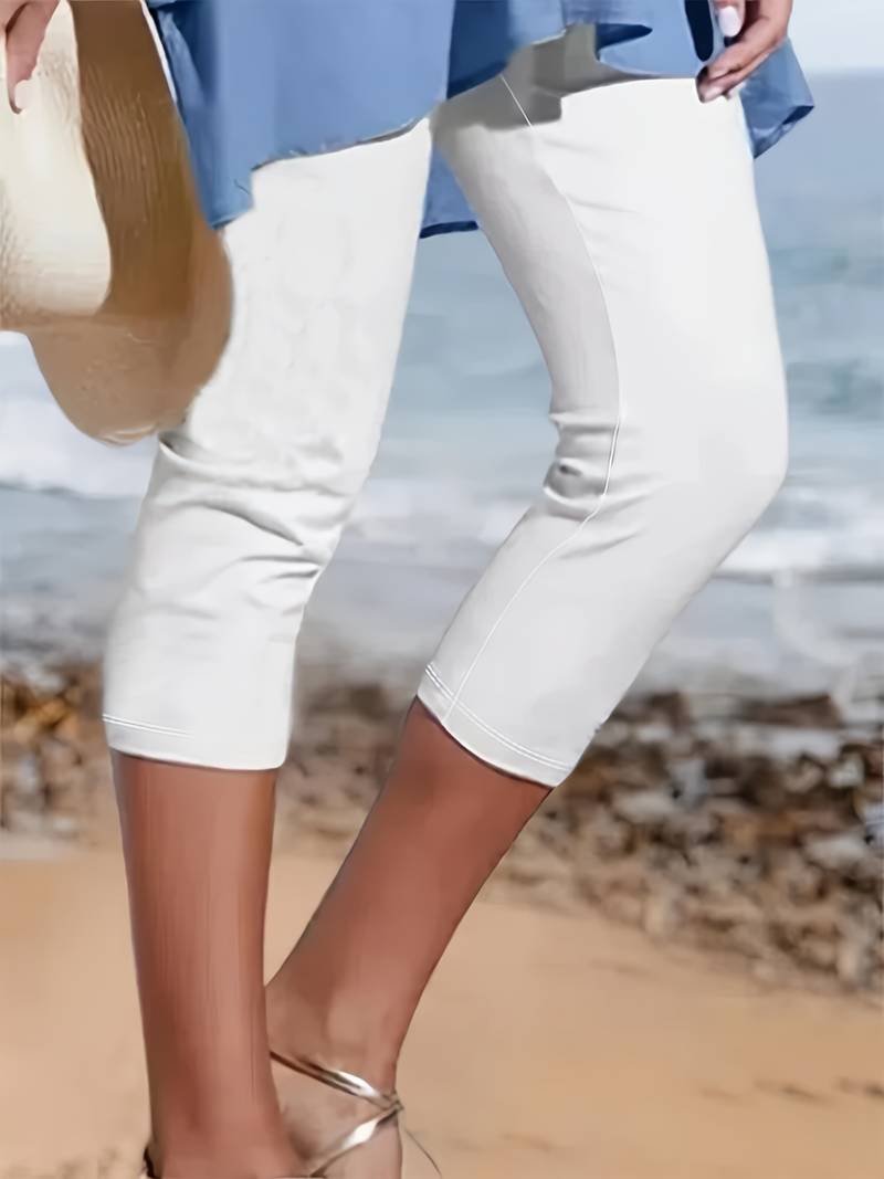 Lenora Cropped Leggings with High Waistband and Flat Seams - White