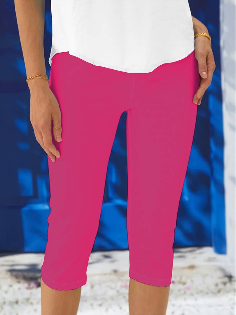 Lenora Cropped Leggings with High Waistband and Flat Seams - Rose Red