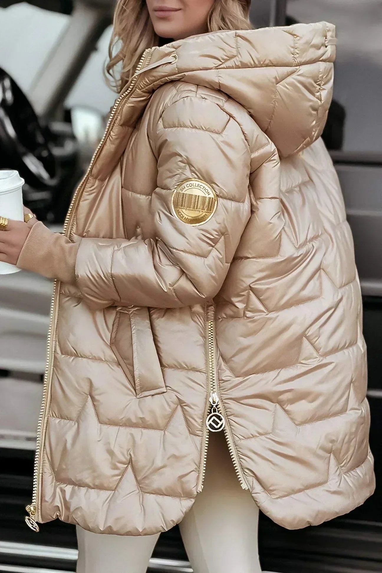 Leona Quilted Puffer Jacket with Stand Collar - Beige