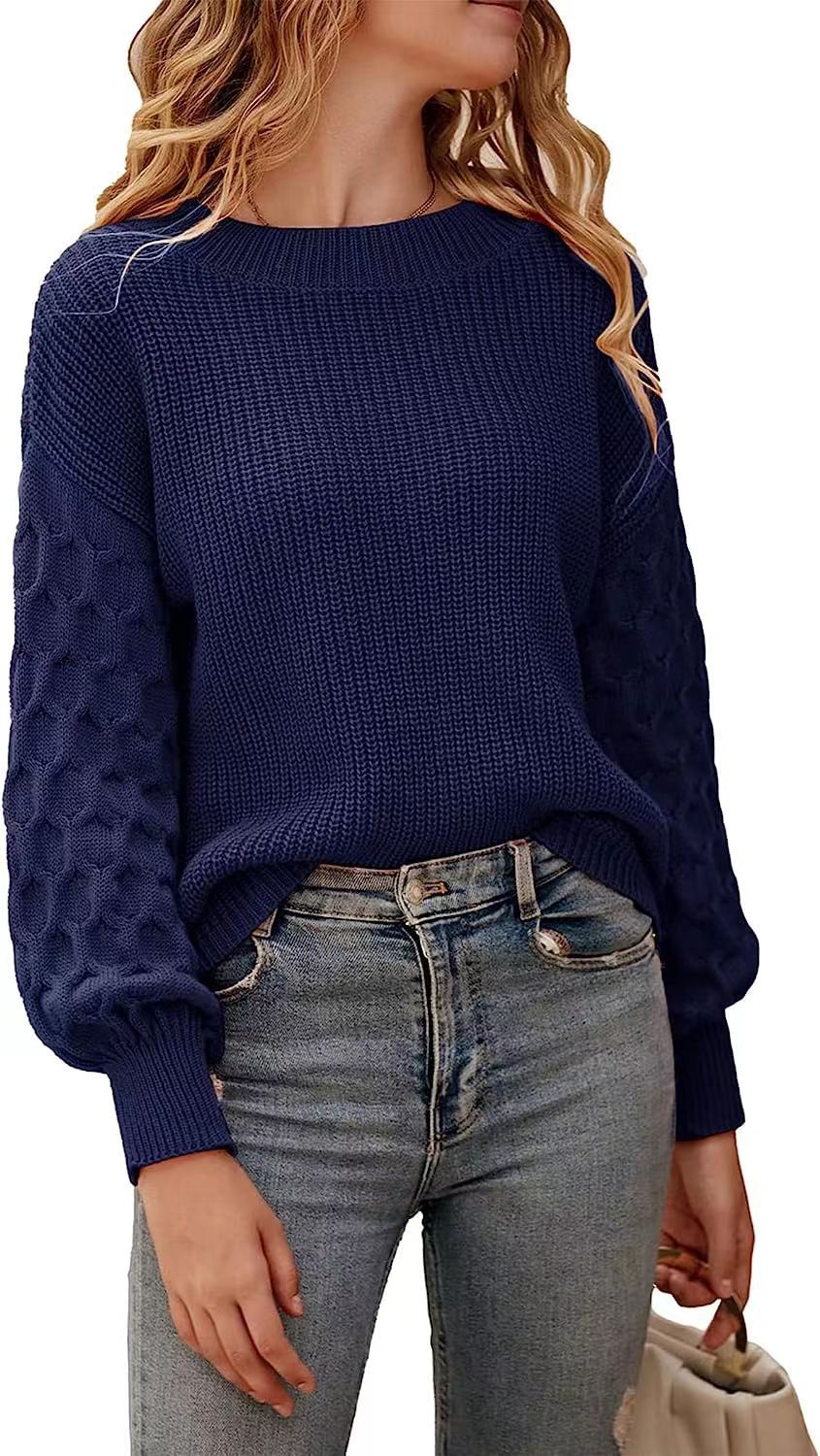 Lilie Chunky Knit Sweater with Crew Neck and Ribbed Trim - Navy