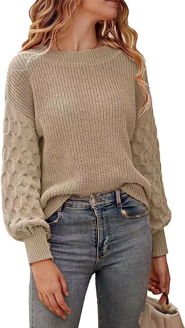 Lilie Chunky Knit Sweater with Crew Neck and Ribbed Trim - Khaki