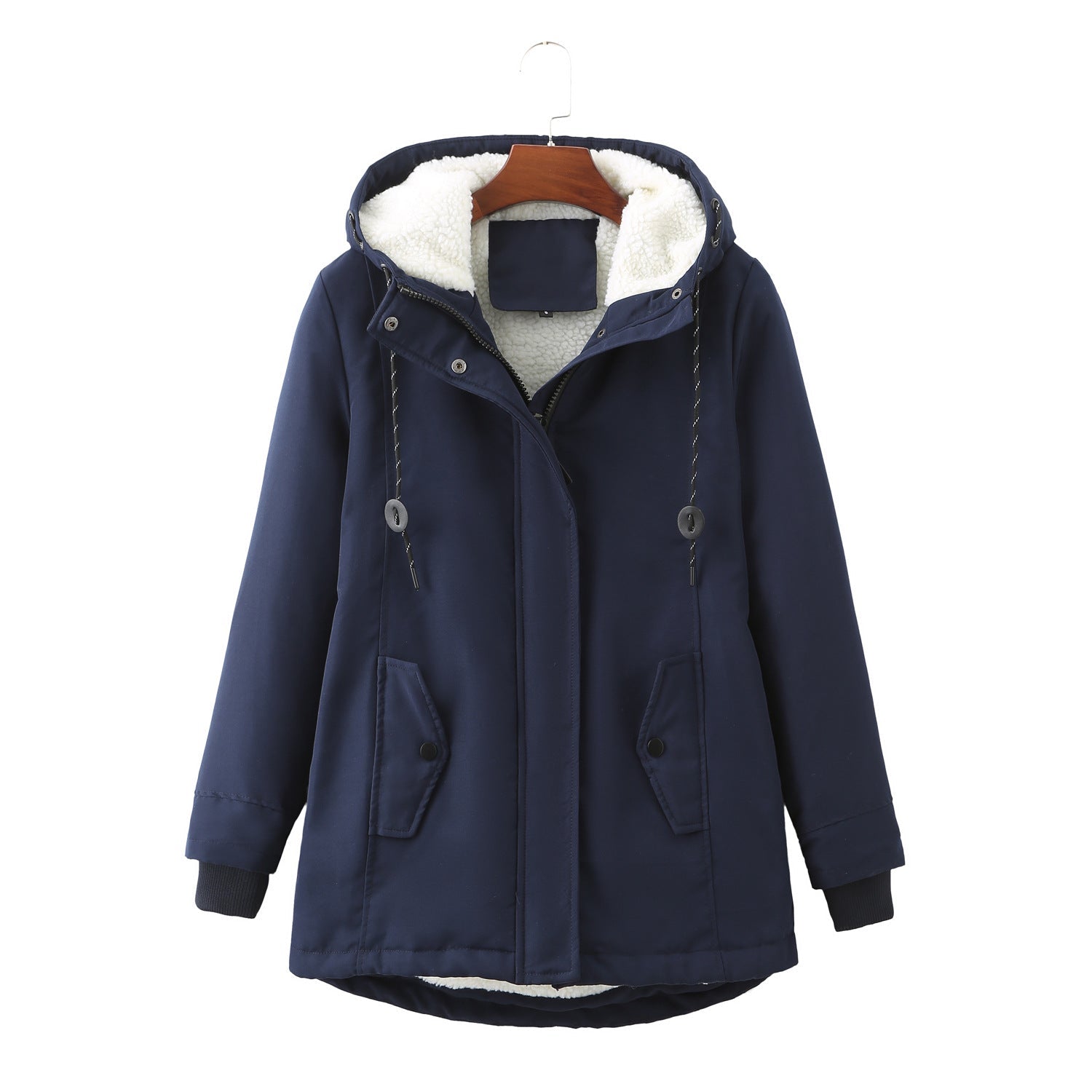 Loisa Hooded Winter Jacket with Zip Pockets and Wind Placket - Navy