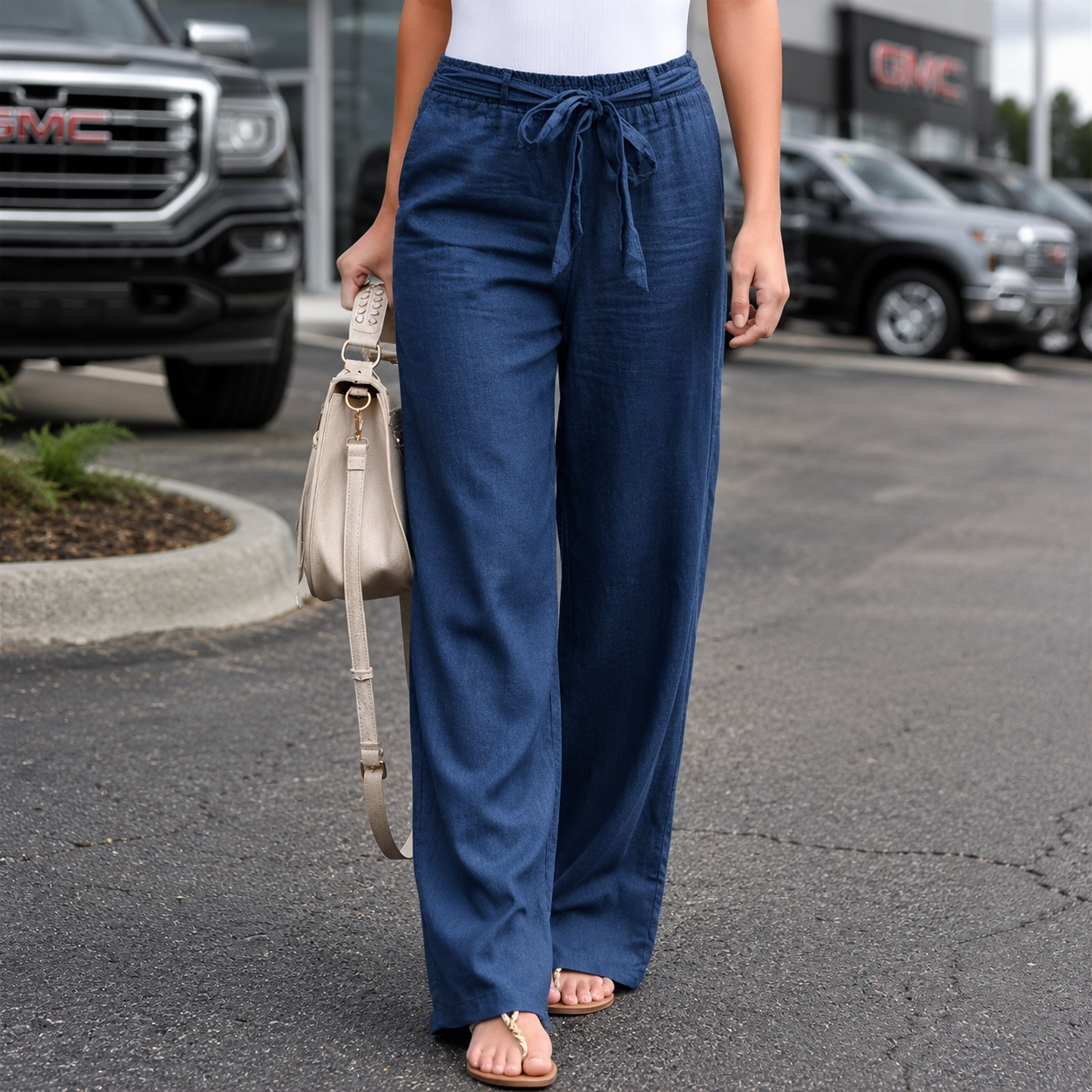 Loraine Wide Leg Trousers with Straight Fall and Pressed Crease - Dark Blue