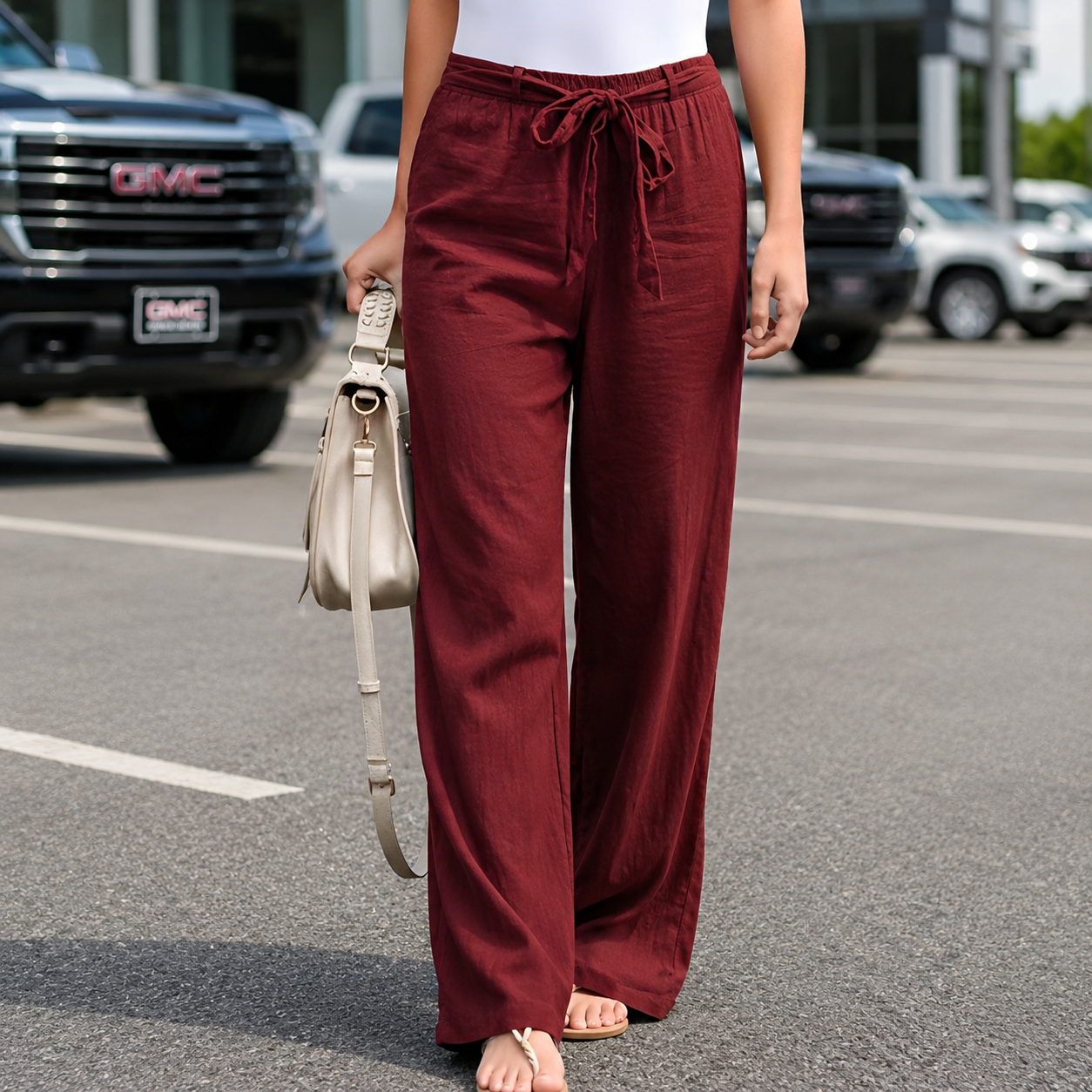 Loraine Wide Leg Trousers with Straight Fall and Pressed Crease - Wine Red