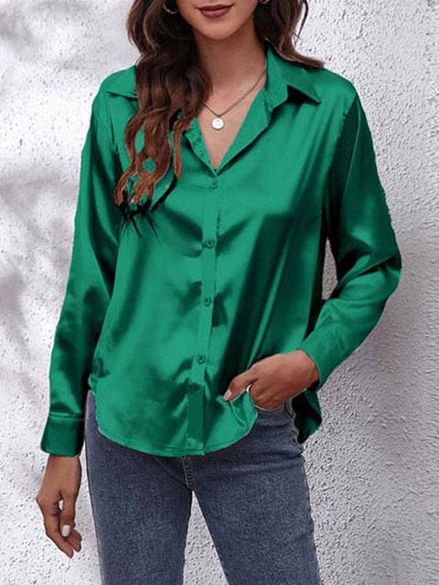 Lorraine Satin-Finish Blouse with Button Front - Green