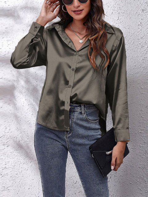 Lorraine Satin-Finish Blouse with Button Front - Dark Khaki