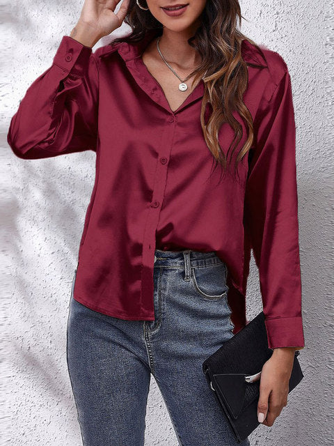 Lorraine Satin-Finish Blouse with Button Front - Wine Red