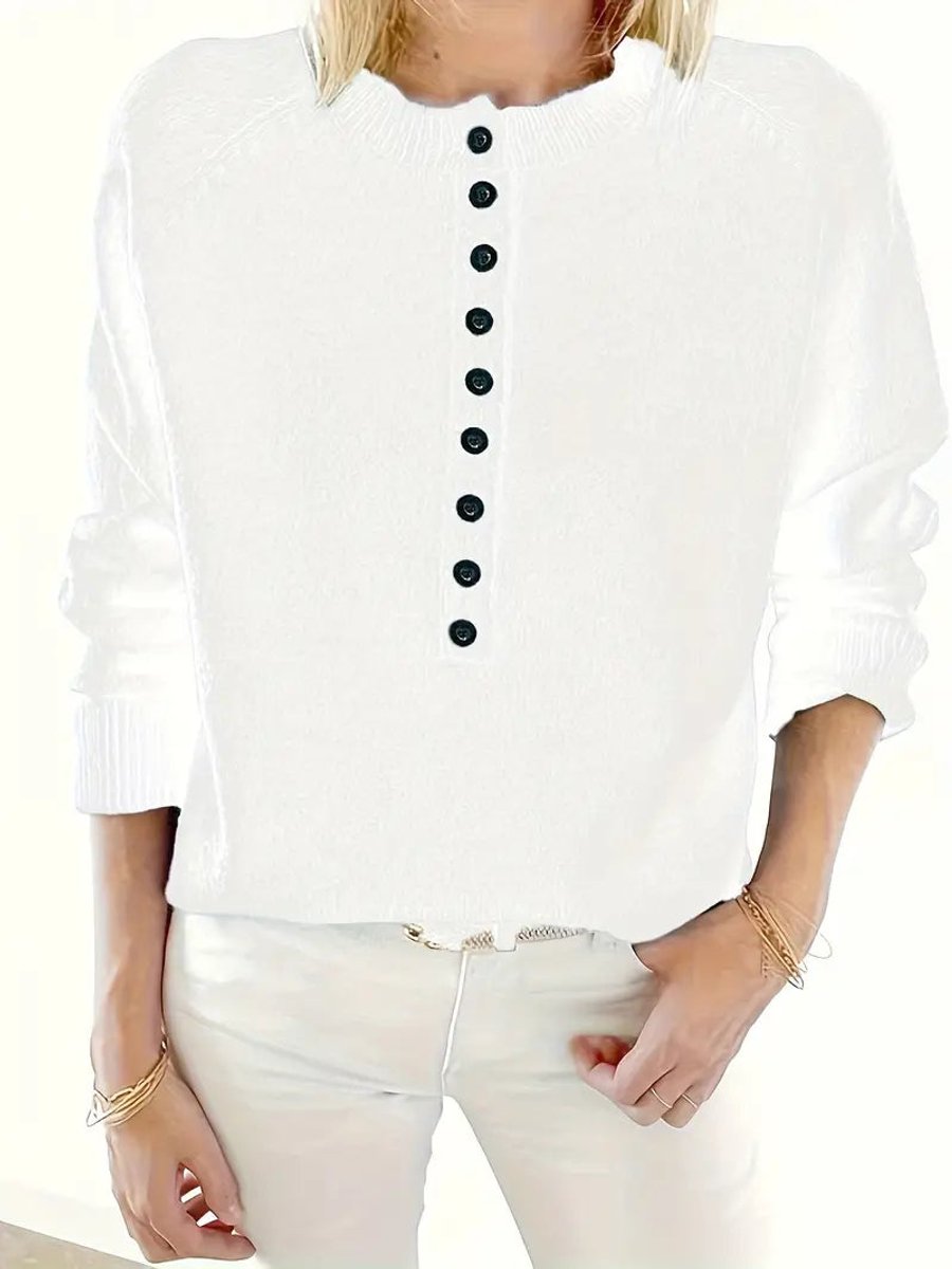 Luisa Button-Front Knit Sweater with V-Neck and Close Cuffs - White