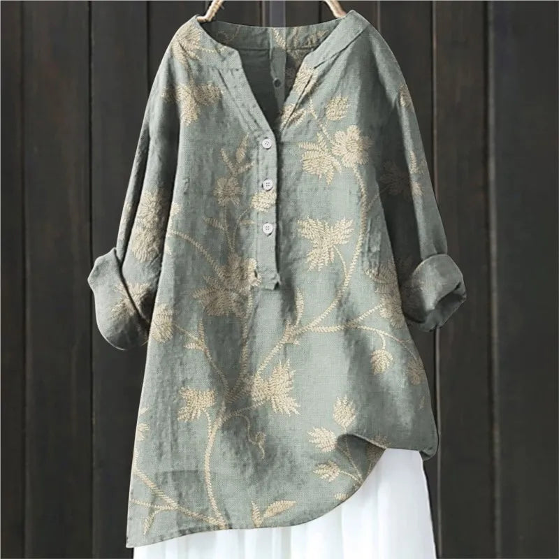 Mabel Floral Vintage Blouse with Button Front - Army Green