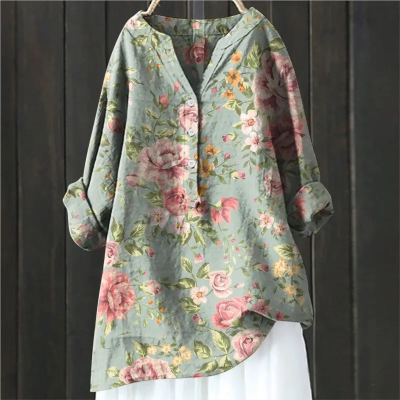 Mabel Floral Vintage Blouse with Button Front - Light Green
