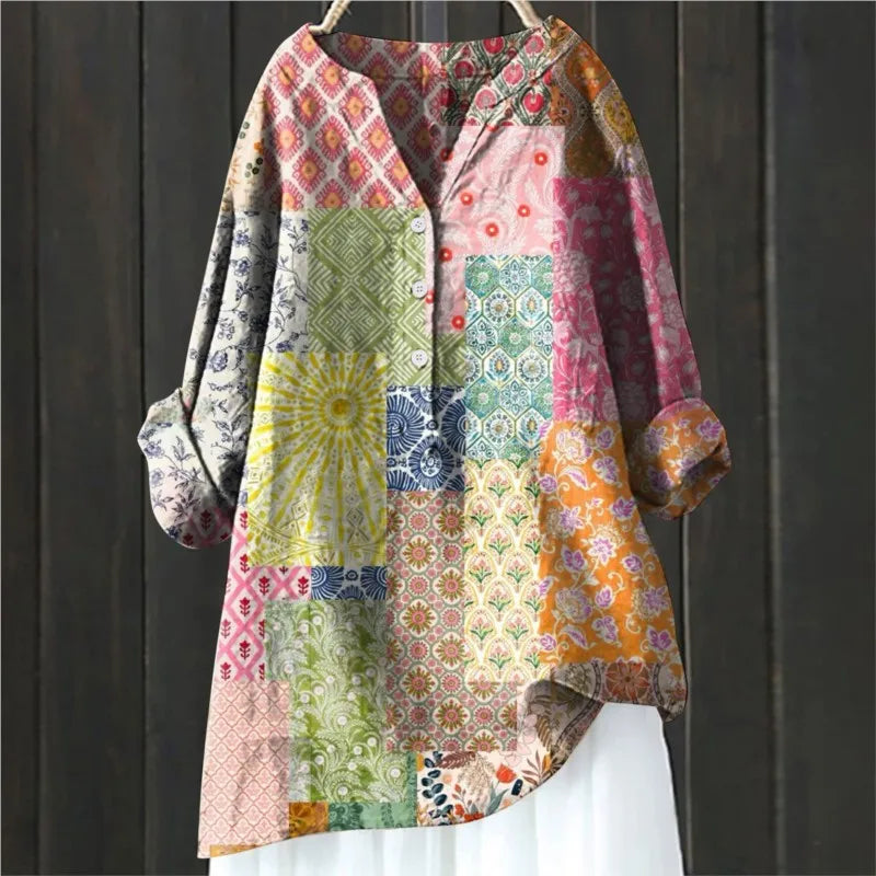 Mabel Floral Vintage Blouse with Button Front - Multicolor