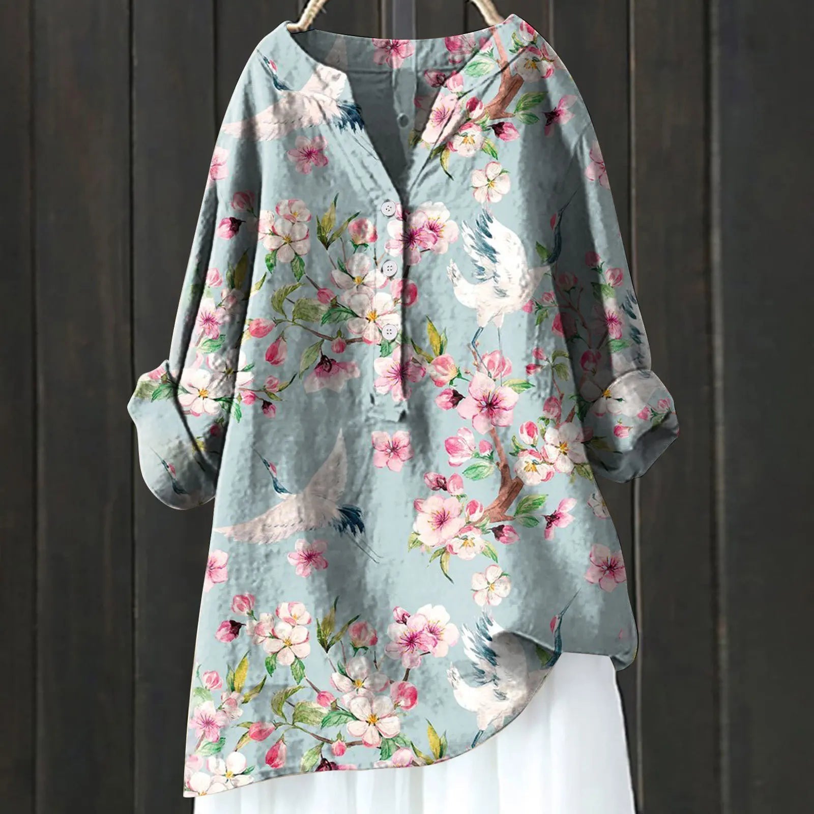 Mabel Floral Vintage Blouse with Button Front - Sky Blue