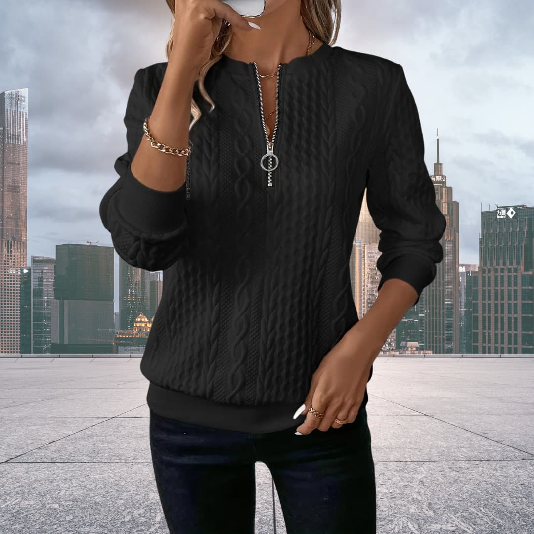 Maisie Structured Knit Sweater with Quarter Zip - Black