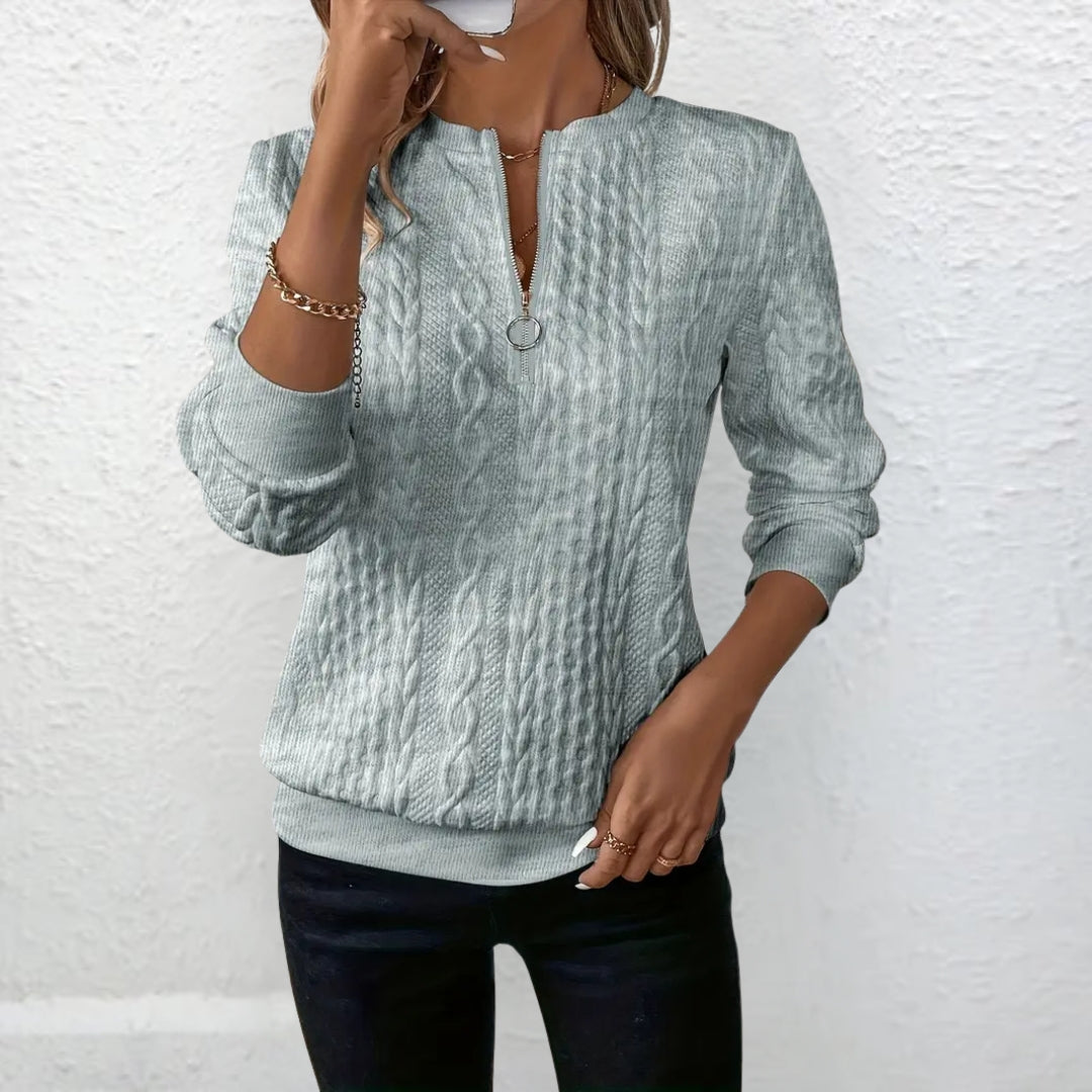Maisie Structured Knit Sweater with Quarter Zip - Gray