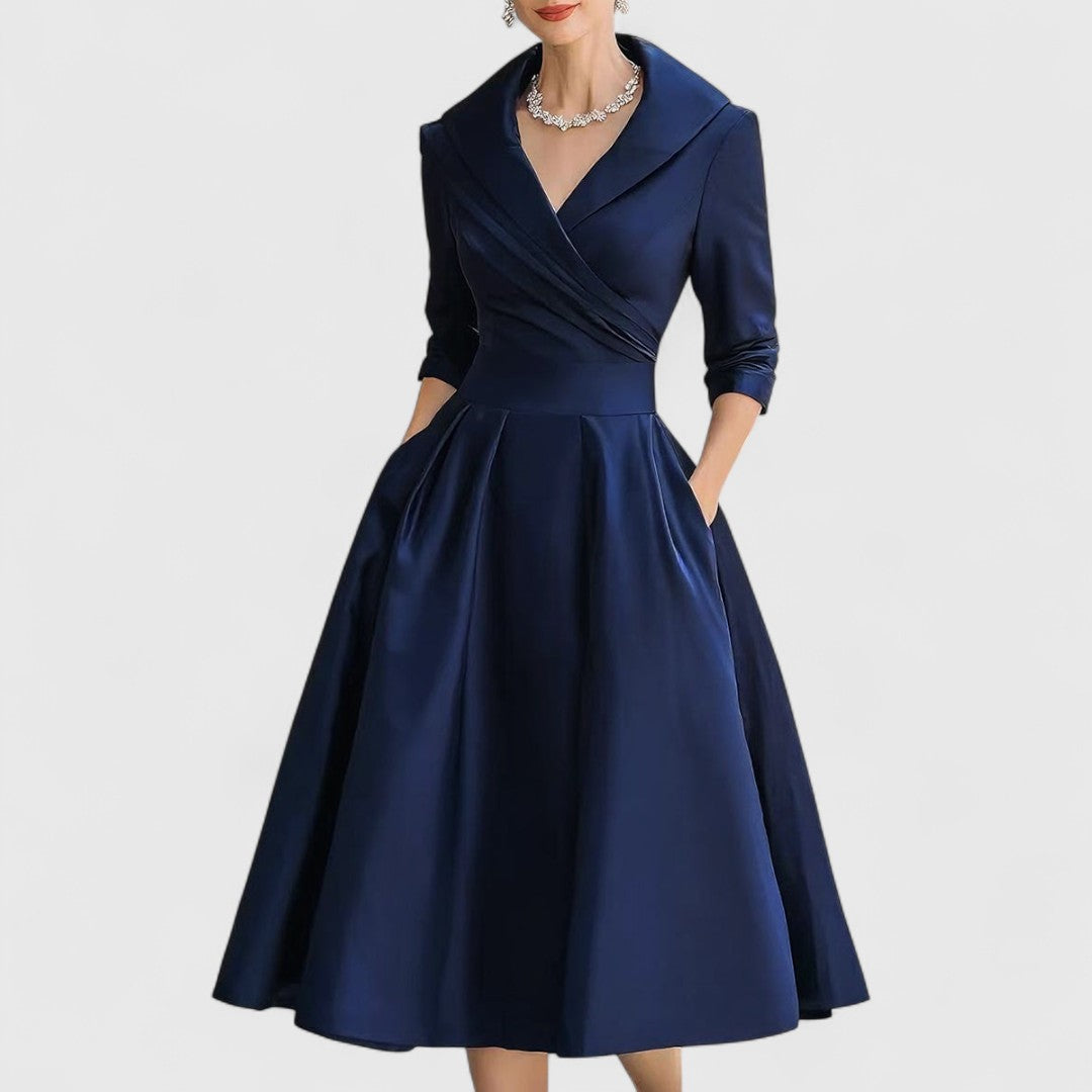 Mandie Cocktail Midi Dress with Long Sleeves and Waist Seam - Navy
