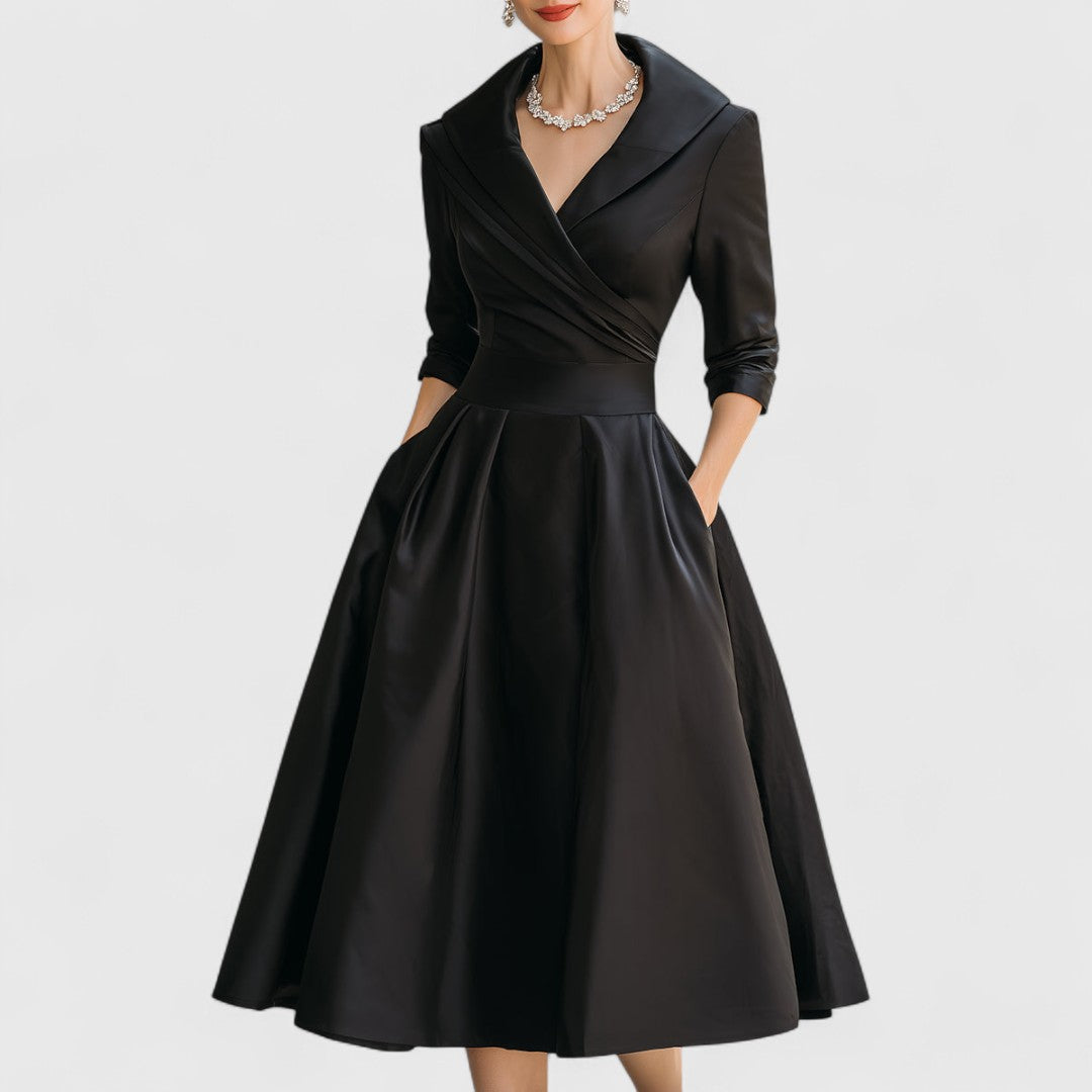 Mandie Cocktail Midi Dress with Long Sleeves and Waist Seam - Black