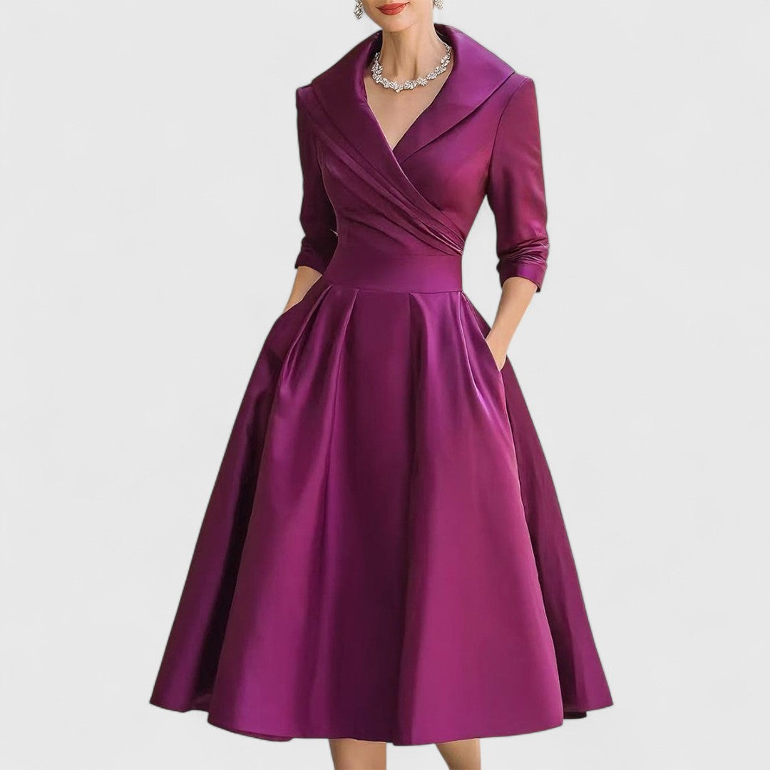 Mandie Cocktail Midi Dress with Long Sleeves and Waist Seam - Purple