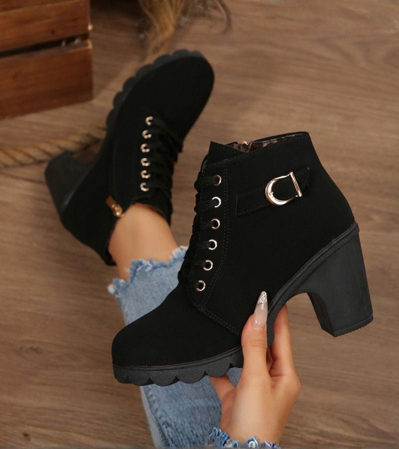 Maricar Lace-Up Ankle Boots with Buckle Detail and Inside Zip - Black