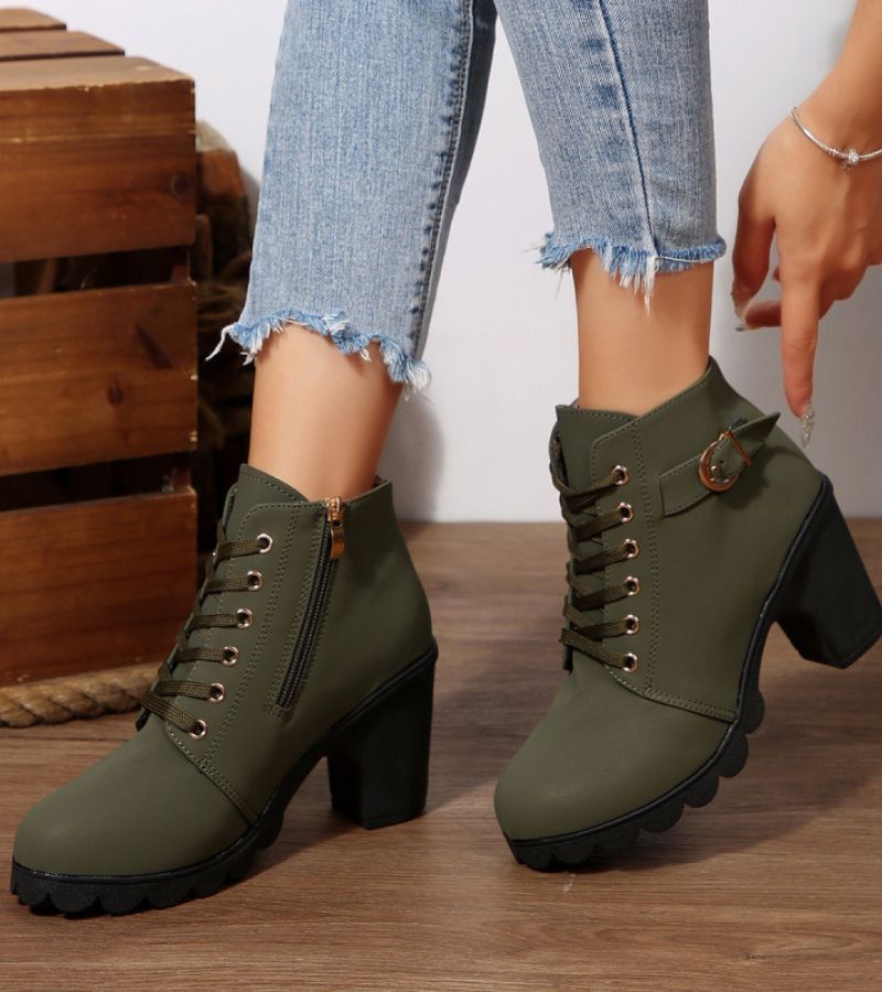 Maricar Lace-Up Ankle Boots with Buckle Detail and Inside Zip - Army Green
