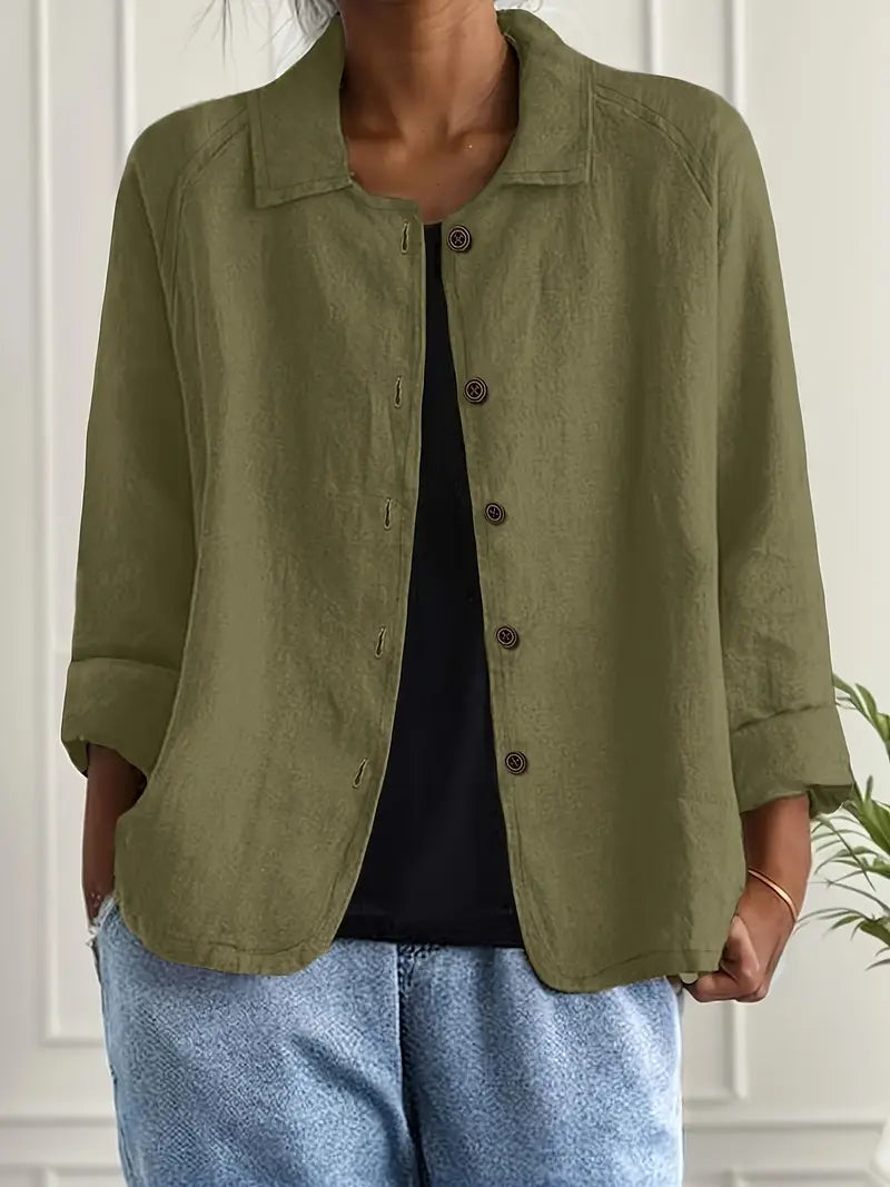 Marilla Lightweight Collared Cardigan with Button Front - Olive Green