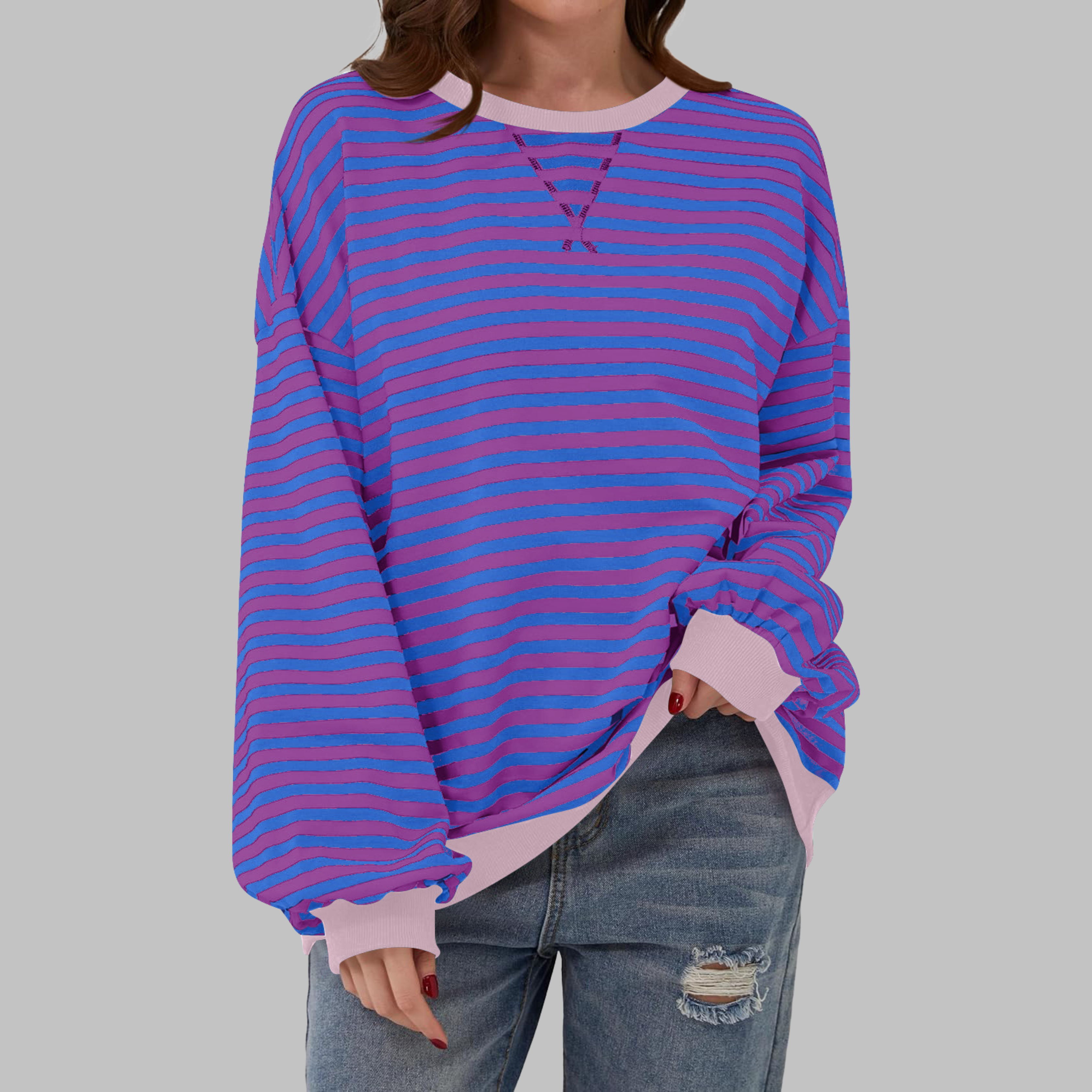 Marley Oversized Striped Sweatshirt with Retro Bands - Purple